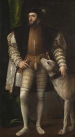 Tizian - Porträt Kaiser Karl V., König von Spanien (1500-1558) mit seinem Wasserhund
