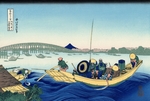 Hokusai, Katsushika - Blick auf den Sonnenuntergang über der Ryogoku-Brücke von der Ufermauer in Onmaya (aus der Bildserie „36 Ansichten des Berges Fu