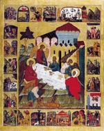 Russische Ikone - Gastfreundschaft Abrahams (Alttestamentliche Dreifaltigkeit) mit Genesis
