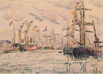 Signac, Paul - Segelboot mit Flaggen am Pier von Saint-Malo