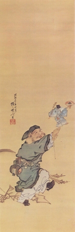 Kyosai, Kawanabe - Der Glücksgott Daikoku mit einer verkleideten Ratte