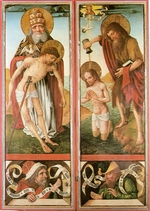 Notke, Bernt - Johannesaltar der Schonenfahrer (links oben: Dreifaltigkeit, rechts oben: Taufe Christi)