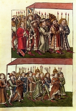 Meister der Chronik des Konzils von Konstanz - König Sigismund und Königin Barbara auf dem Zug ins Münster (Illustration aus der Richentals Chronik)