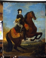 Unbekannter Künstler - Reiterporträt des Kaisers Peter I. des Grossen mit einer Schlacht des Großen Nordischen Krieges im Hintergrund