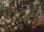 Beuckelaer, Joachim - Die vier Elemente: Erde. Der Gemüsemarkt mit der Flucht nach Ägypten im Hintergrund