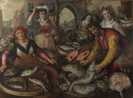 Beuckelaer, Joachim - Die vier Elemente: Wasser. Fischmarkt mit dem wunderbaren Fischzug im Hintergrund