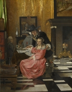Holländischer Meister - Das Interieur mit einer Frau, Glas Wein ablehnend