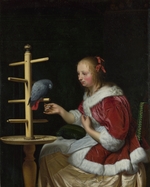 Mieris, Frans van, der Ältere - Junge Frau in roter Jacke einen Papagei fütternd