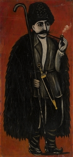 Pirosmani, Niko - Schäfer in einer Filzumhang vor einem roten Hintergrund