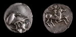 Numismatik, Antike Münzen - Emporitanische Münze. Vorderseite: Kopf der Athene im Korinthischen Helm