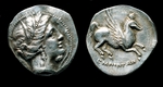 Numismatik, Antike Münzen - Silberdrachme aus Emporion. Vorderseite: Kopf der Persephone. Rückseite: Pegasus