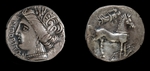 Numismatik, Antike Münzen - Silberdrachme aus Emporion. Vorderseite: Kopf der Persephone