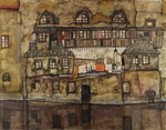 Schiele, Egon - Hauswand am Fluss