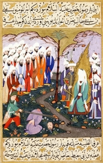 Türkischer Master - Ali enthauptet Nadr ibn al-Harith vor den Augen des Propheten (Miniatur aus Siyer-i Nebi - Das Leben des Propheten)
