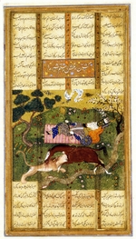 Iranischer Meister - Rostams Pferd Rakhsh tötet einen Löwen, während Rostam schläft. Aus Schahname (Buch der Könige)