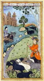 Unbekannter Künstler - Miniatur aus Yusuf und Zulaikha (Liebesgeschichte von Josef und der Frau des Potiphar) von Dschami