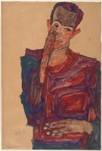 Schiele, Egon - Selbstbildnis mit herabgezogenem Augenlid