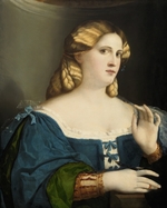 Palma il Vecchio, Jacopo, der Ältere - Junge Frau in blauem Kleid mit Fächer