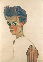 Schiele, Egon - Selbstbildnis mit gestreiftem Hemd
