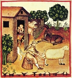 Unbekannter Künstler - Die Käseherstellung. Miniatur aus dem Tacuinum Sanitatis