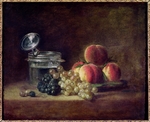Chardin, Jean-Baptiste Siméon - Stillleben mit einem Korb mit Pfirsichen, weißen und schwarzen Trauben und Weinglas