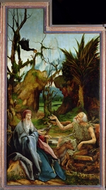 Grünewald, Matthias - Der Isenheimer Altar. Linkes Flügelbild: Begegnung des Heiligen Antonius mit Paulus Eremit