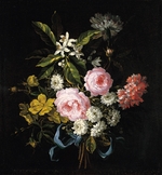 Monnoyer, Jean-Baptiste - Blumenstrauß aus Kamille, Rosen, Orangenblüten und Nelken, mit einem blauen Band gebunden