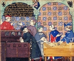 Meister des Cocharelli-Codex - Der Geiz. Miniatur mit Szenen des Bankwesens