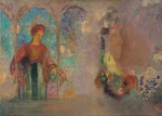 Redon, Odilon - Frau in einer gotischen Arkade. Frau mit Blumen