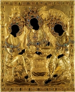 Altrussische Kunst - Oklad (Metallverkleidung) von Ikone der heiligen Dreifaltigkeit von Andrei Rubljow