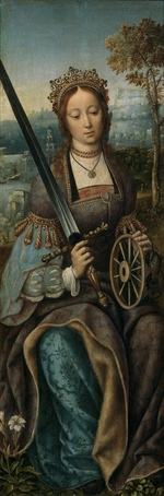 Meister von Frankfurt - Triptychon mit der Heiligen Familie und musizierenden Engeln. Linke Tafel: Heilige Katharina