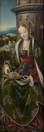 Meister von Frankfurt - Triptychon mit der Heiligen Familie und musizierenden Engeln. Rechte Tafel: Heilige Barbara