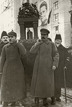 Unbekannter Fotograf - Sergei Kirows Beerdigung, 6. Dezember 1934. Stalin, Woroschilow, Kalinin und Molotow