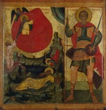 Russische Ikone - Die feurige Himmelfahrt des Propheten Elias. Der heilige Demetrios von Saloniki