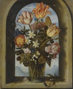 Bosschaert, Ambrosius, der Ältere - Tulpen und andere Blumen im Becherglas in einem gewölbten Steinfenster