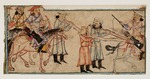 Zentralasiatische Kunst - Mongolische Reiter mit drei Gefangenen. Miniatur aus Dschami' at-tawarich (Universalgeschichte)