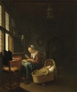 Slingelandt, Pieter Cornelisz, van - Eine nähende Mutter mit ihrem Kind