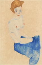 Schiele, Egon - Sitzendes Mädchen, der Oberkörper nackt, hellblauer Rock
