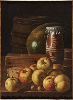 Meléndez, Luis Egidio - Stillleben mit Äpfeln, Erdbeeren, Wassermelone, Schachtel von Süßigkeiten, Honig und Fass