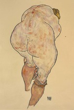 Schiele, Egon - Weiblicher Rückenakt, Strümpfe anziehend 