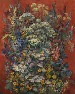 Osmjorkin, Alexander Alexandrowitsch - Blumenstrauß auf rotem Hintergrund