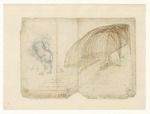 Leonardo da Vinci - Bombenfallkurve über die Mauern einer Festung (rechts) und Studie eines Pferdes für die Schlacht von Anghiari