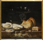 Fromantiou, Henri de - Stillleben mit Austern, Brot und venezianischem Weinglas
