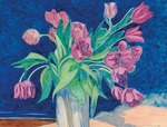 Spilliaert, Léon - Rosafarbene Tulpen in einer Vase, im Hintergrund eine Seelandschaft mit Dunen
