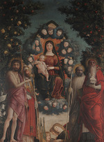 Mantegna, Andrea - Madonna in Herrlichkeit mit den Heiligen Johannes dem Täufer, Gregor dem Großen, Benedikt und Hieronymus
