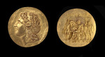 Numismatik, Antike Münzen - Goldmedaillon von Abukir. Vorderseite: Kopf von Alexander dem Großen. Die Rückseite: eine Jagdszene