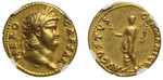 Numismatik, Antike Münzen - Aureus von Kaiser Nero. Vorderseite: Kopf des Neros mit Lorbeerkranz. Rückseite: Der Koloss von Nero 