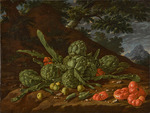 Meléndez, Luis Egidio - Stillleben mit Artischocken und Tomaten in einer Landschaft