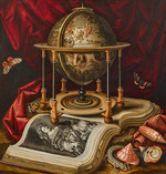 Luyckx, Carstian - Stillleben mit Himmelsglobus, offenem Buch, Muscheln, Eidechse und Schmetterlingen