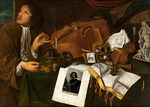 Claeuw, Jacques Adolphsz. de - Vanitas-Stillleben mit Musikinstrumenten,  Porträt-Kupferstich Petrus de Iode und ein Münzen wiegende Herr  